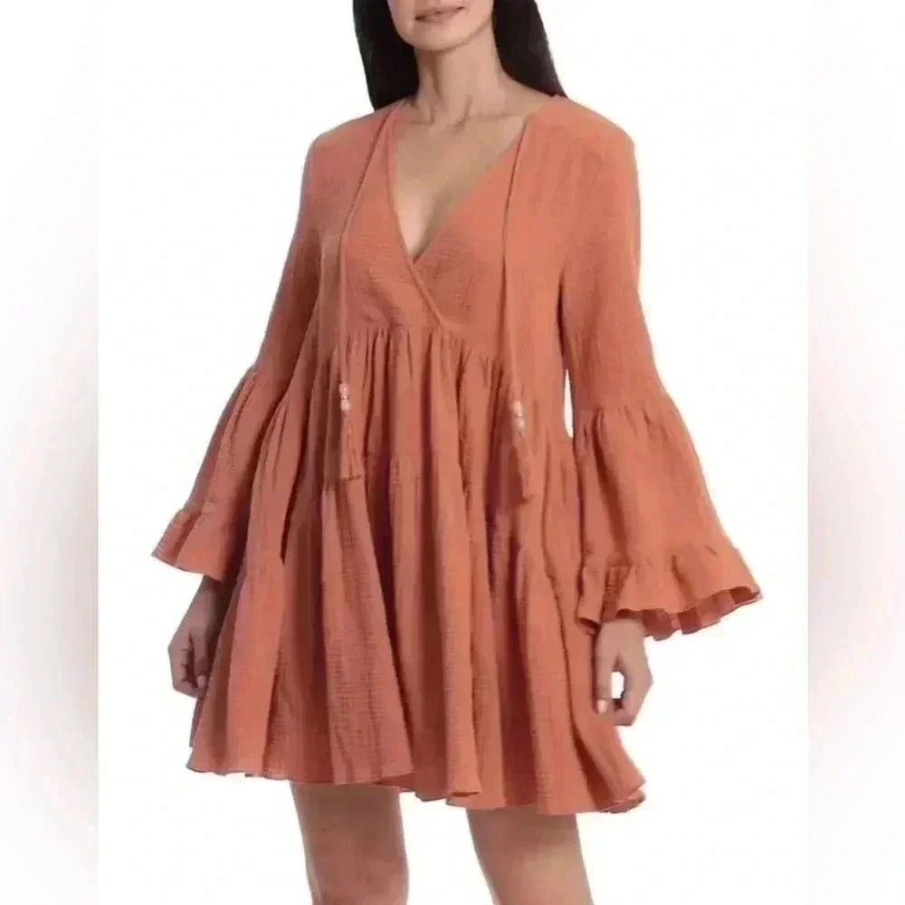 NWT Avec Les Filles flared v neck tiered lantern sleeve bohemian dress S